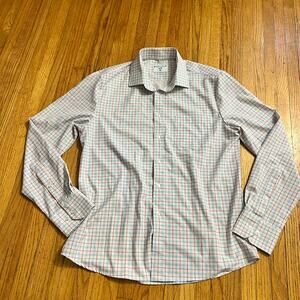 &Collar Performance Shirt Mens Medium Plaid White Blue Button Slim Long Sleeve
